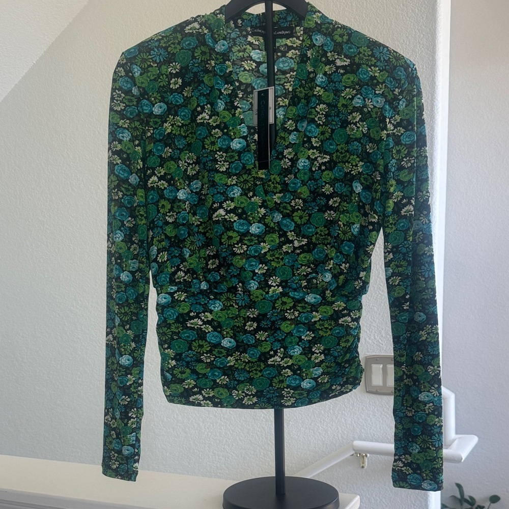 Catherine Malandrino Green Multi Floral Wrap Long Sleeve Top